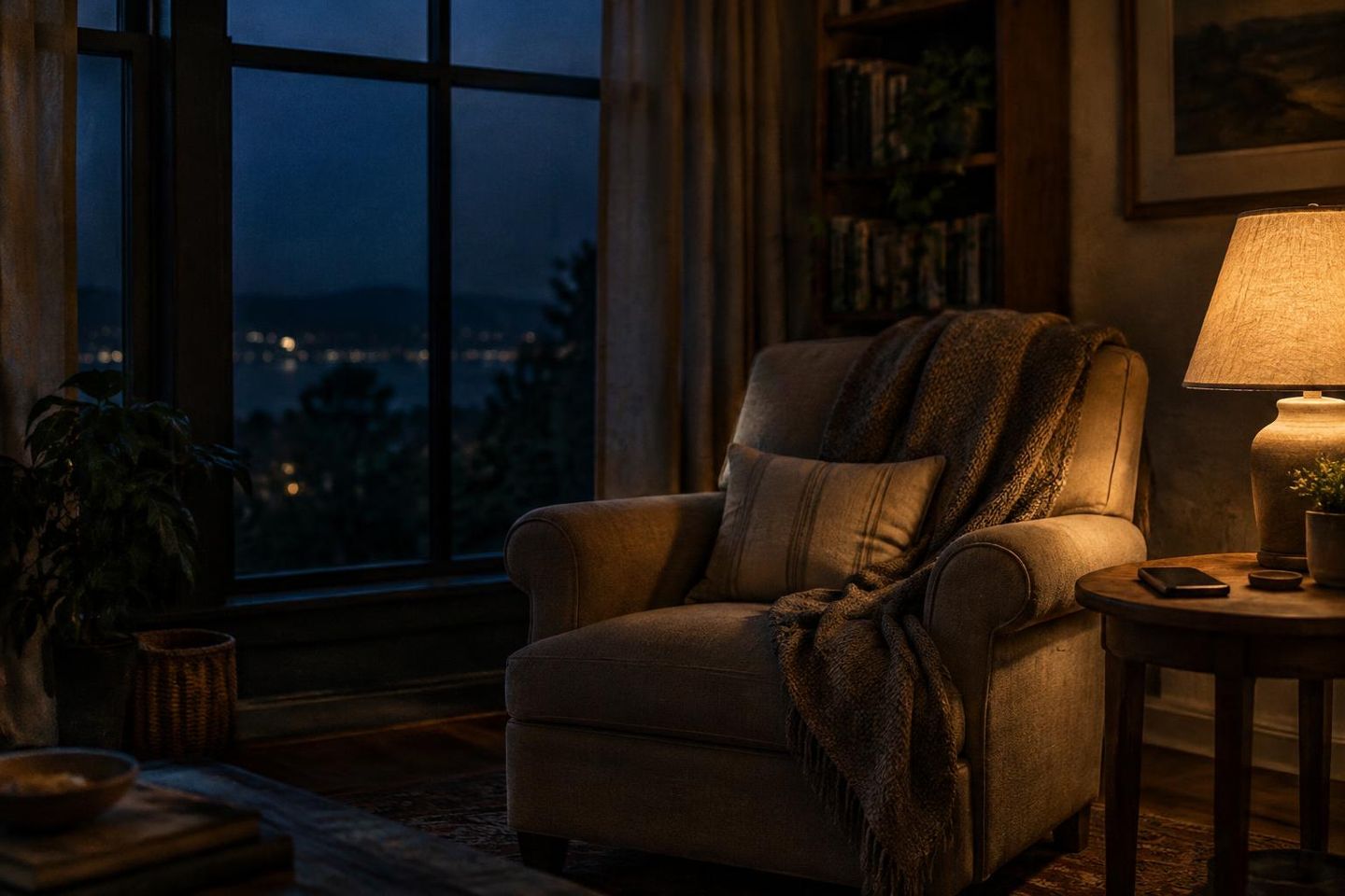 An empty armchair beside a dark night window, lit by a warm lamp, with a phone resting on the side table.