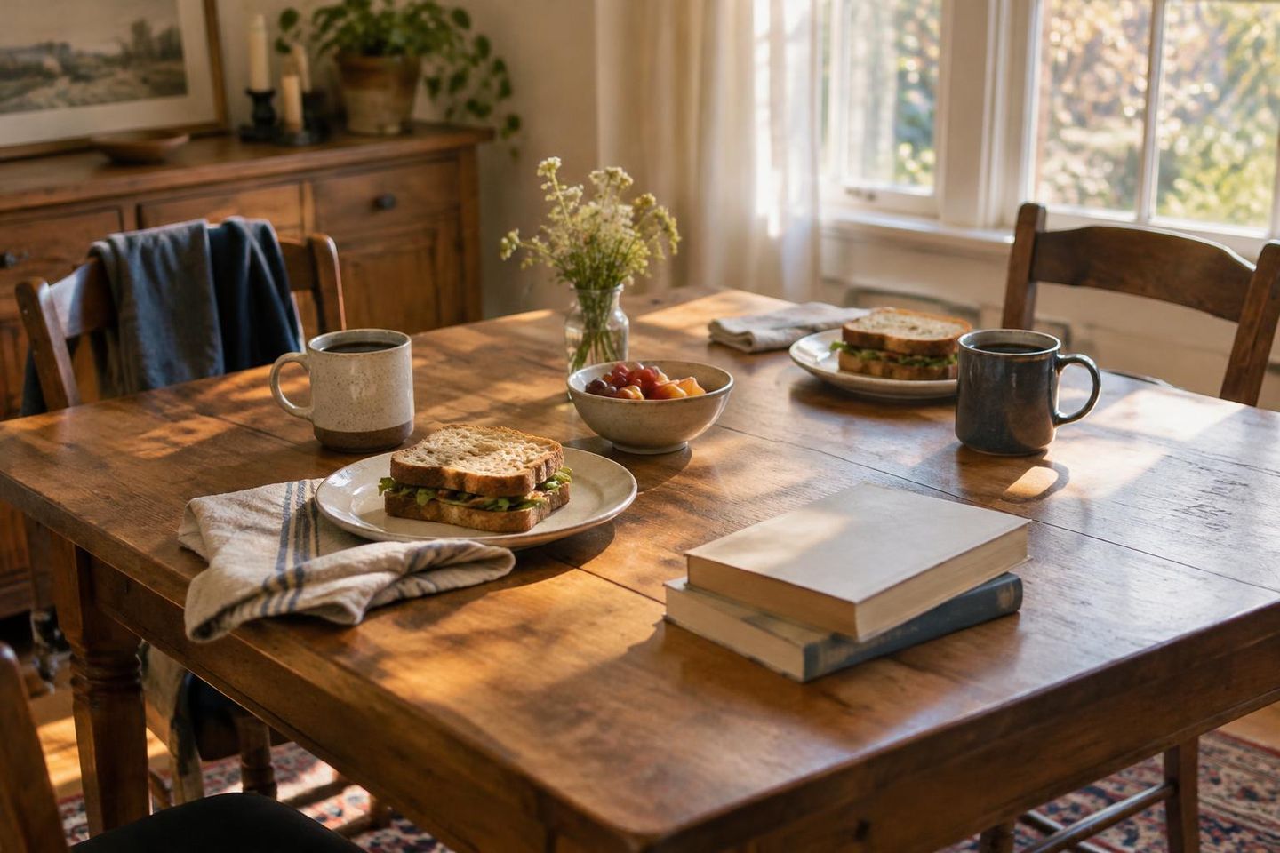 A sunlit dining table set for two, with two coffee mugs, a simple lunch and a couple of paperback books.