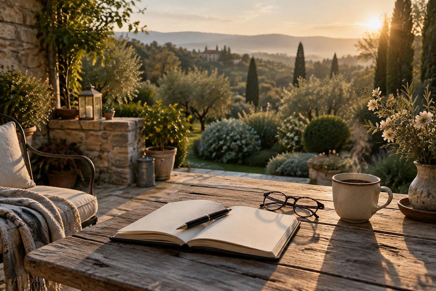 An open journal, pen, reading glasses and a cup of coffee on a wooden patio table overlooking a garden in morning sun.
