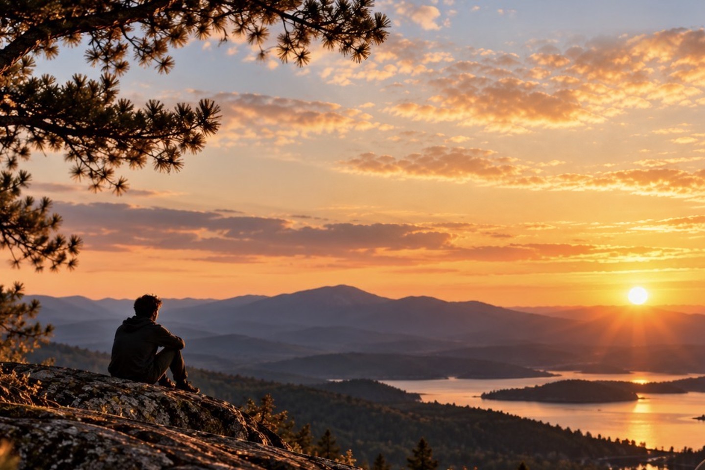 A person sitting on a rock beneath a pine tree, looking out over mountains and a lake at sunset.